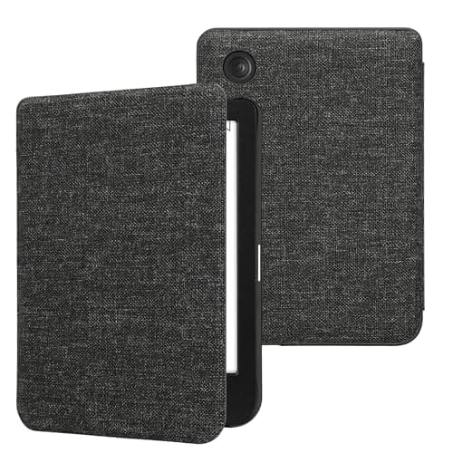 kwmobile Case Compatible with Kobo Clara BW/Colour - Book Style Fabric e-Reader Cover Flip Folio Case - Dark Grey — view 5