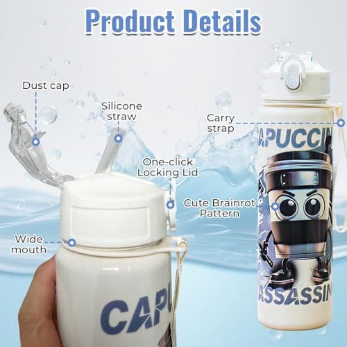 Xutanek Italian Brainrot Water Bottle for Kids, BPA-Free 750ml Water Bottle with Straw, Flip Lid Leakproof Waterbottle, Meme Style Bottle Kids for School Gym Office Daily Use (Ninja Cap) — view 2