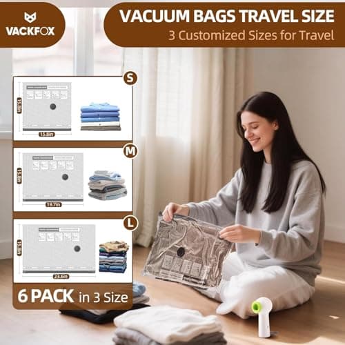 VACKFOX Travel Vacuum Bags with Rechargeable USB Pump, 6 Pack Carry-On Size Vacuum Travel Bags for Luggage & Suitcase, Vacuum Bags for Travel, Space Saver Compression Bags for Clothes & Clothing — view 2