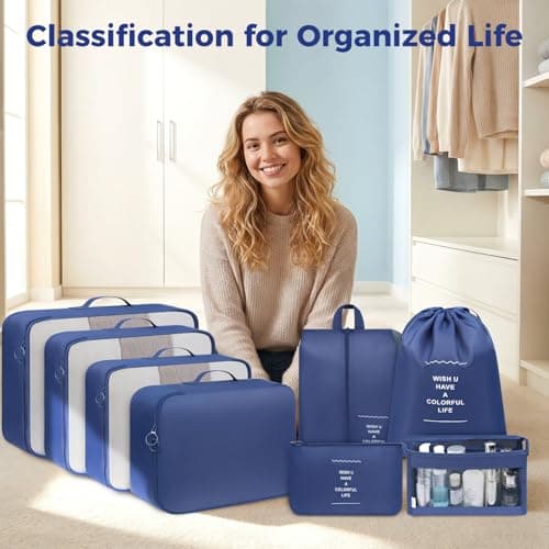 BAGAIL 8-Piece Packing Cubes Set, Travel Organizers with Breathable Mesh & Shoe Bag, Lightweight Nylon Packing Organisers for Luggage Suitcase, 9 Colors - Navy — view 2