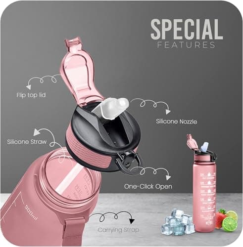 Roe Tenpo Sports Water Bottle with Straw and Time Marking, and 32OZ Capacity - Motivational and Eco-Friendly BPA-Free Bottle for Running, Gym, Yoga, Outdoors, and Camping (Style-1, Pink) — view 3