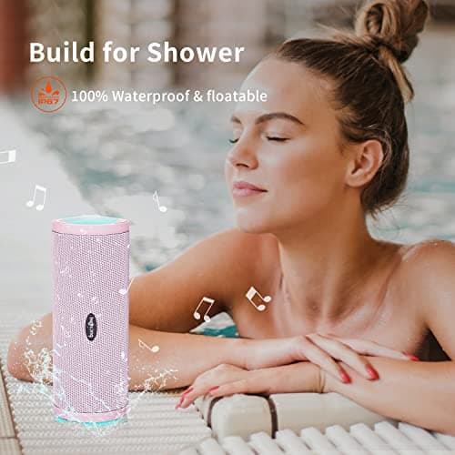 HEYSONG Portable Bluetooth Speaker, Waterproof Wireless Outdoor Speakers with LED Light, Enhanced Bass, IPX7 Floating, 40H Play, TF Card, True Wireless Stereo for Party, Shower, Gifts for Women - Pink — view 4