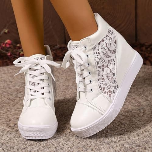 UK 6 White Wedge Sneakers for Bride Women Hidden Heel Ankle High Top Platform Walking Shoes Lace Tennis Sneakers Fashion Bride Wedding Shoes Full White — view 2