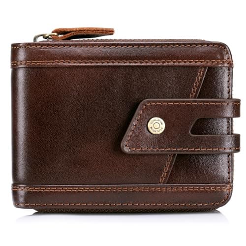 SCHLATUM Zipper Wallet for Men Large Capacity RFID Blocking Genuine Leather Vintage Wallet with Coin Pocket ID Window, Coffee, 4.7 x 3.5 x 1.2 inches, Retro