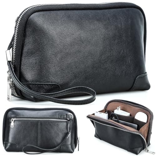 Electronic Organizer Zipper Bag Tech Pouch, Top Grain Leather Handmade, Portable Compact Travel Storage Cases Fits Apple Accessories, Phone, USB Cables, Power Banks, Chargers, Hard Drive, Black