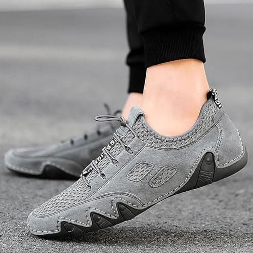 Casual Breathable Mesh Leather Sneakers for Men Walking Running Comfortable Slip On Shoes Spring Summer Autumn Daily Travel Beach, gray, 7 UK — view 2