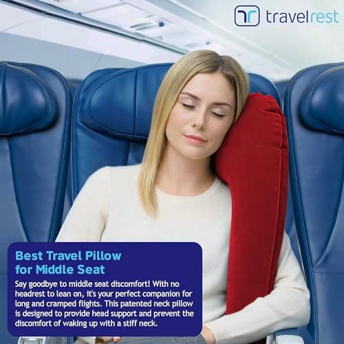 Travelrest Ultimate Travel, Neck & Body Pillow - Strap to Plane & Car Seat - Compact, Comfort and Convenient for Office Napping, Airplane, Bus & Train - Upright Sleeping - Rolls Up Small - Red — view 3