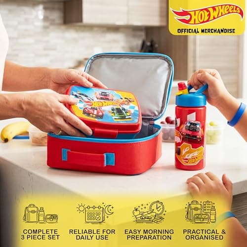 Get Trend Hot Wheels Insulated Lunch Bag Set for Boys, 3 Pcs Kids BPA Free Bento Lunch Box 420ml Water Bottle with Straw & Food Bag, Travel Picnic Supplies, School Essentials (Multi Hot Wheels) — view 2