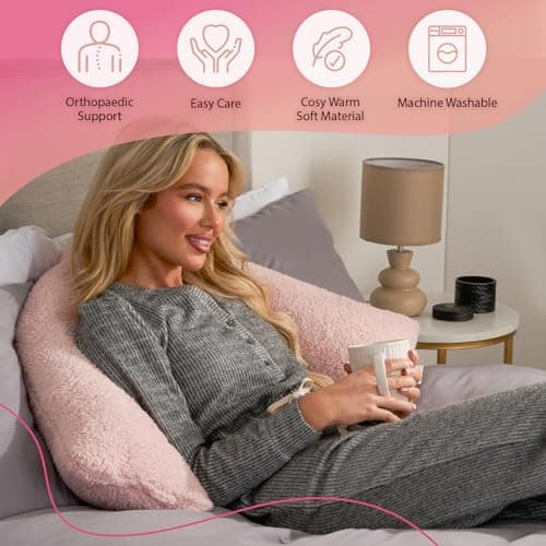 OHS Teddy Pillow V Shaped Blush Pink, Pregnancy Pillows for Sleeping Relaxing Super Soft Warm Comfy Pillow Snuggle V Shaped Cushion for Bed, 68 x 45 x 18cm — view 2