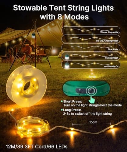 Camping Fairy Lights 12M / 39.3FT, 2-in-1 Solar & USB Rechargeable Camping String Lights with Retractable Reel, IPX6 Waterproof, 3600mAh, 8 Modes, LED Tent Light for Camping Garden Patio Festival — view 2