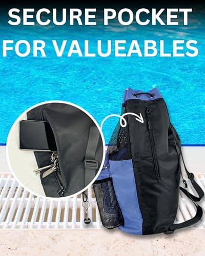 JIMJOOS Drawstring Mesh Swimming Bag - 25L Waterproof Swim Bag with Wet/Dry Compartment, Multifunctional Sports Backpack for Kids, Adults, Swimming, Surfing, Beach, Gym (Navy Blue) — view 3