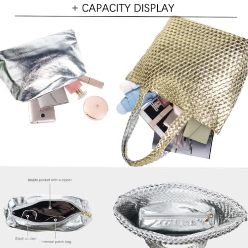 JINMANXUE Woven Tote Bag for Women, Large Summer Beach Travel Handbag and Purse Retro Handmade Shoulder Bags, Champagne Gold, One Size — view 5