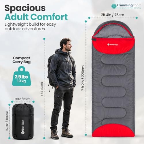 Trimming Shop, 4 Season Sleeping Bag for Adults, Warm Hooded, Grey & Red — view 2