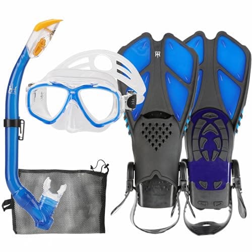 Kids Snorkeling Set with Fins Anti Leak Snorkeling Gear for Kids with Adjustable Flippers, Youth Junior Full Dry Snorkel Set Swimming Goggles with Nose Cover Diving Mask Scuba with Bag, 5-14 Yrs