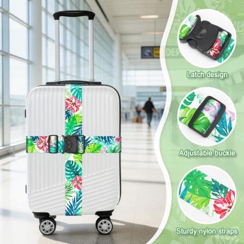 MOTONG 2 PCS Luggage Straps Hawaiian Floral Adjustable Suitcase Straps Personalised Rainforest Luggage Straps Suitcases Heavy Duty Suitcase Belts Thickened Luggage Belt with Quick Release Buckle — view 3