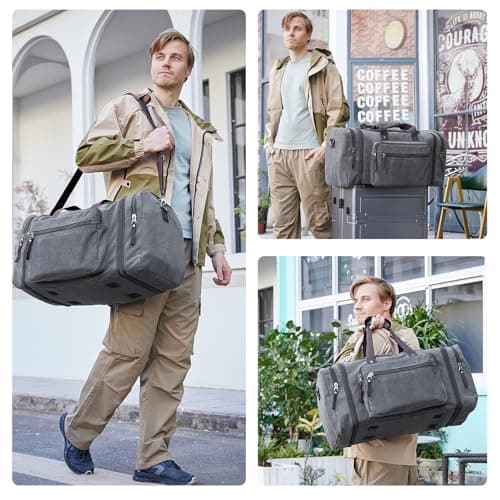 EKOROMIER 70L Large Canvas Travel Holdall for Men – Expandable Duffel Bag – Extra Spacious Weekend Bag for Holidays, Gym & Long Trips – Grey — view 2