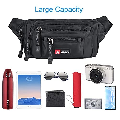 AirZyx Bumbag Fanny Pack for Women Men Waterproof Waist Pack Plus Size with 6 Zipped Pockets Bum Waist Bag for Dog Walking Climbing Hiking Travel Outdoor Sport Black — view 2