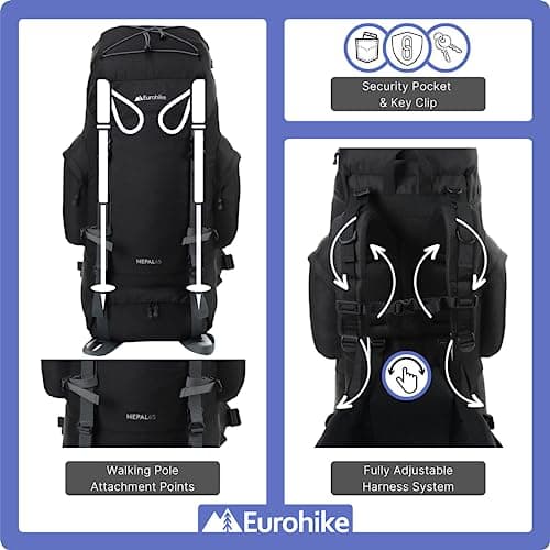 Eurohike Nepal 65 Litre Rucksack with Ventilated Back Panel & Padded Harness, 65L Backpack, Bag for Men & Women, Adjustable, Lightweight, Camping, Hiking, Trekking, Travelling, Outdoors, Black — view 4