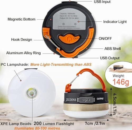 2 Pack Camping Lanterns, USB Rechargeable LED Tent Light with Magnetic Base — view 3