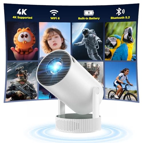 Battery Powered Projector, Mini 4K Projectors with WiFi 6 and Bluetooth 5.2, 220° Rotatable Stand Auto Keystone, Android 11 Smart Portable Projector for Bedroom Home Cinema Outdoor Camping