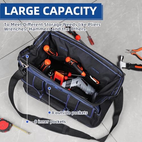 ROCKCOON Tool Bag 16'', Multi-pocket Tool Organizer with Water Proof Rubber Base, Heavy Duty Tote with Shoulder Strap for Tool Storage, Black & Blue — view 4