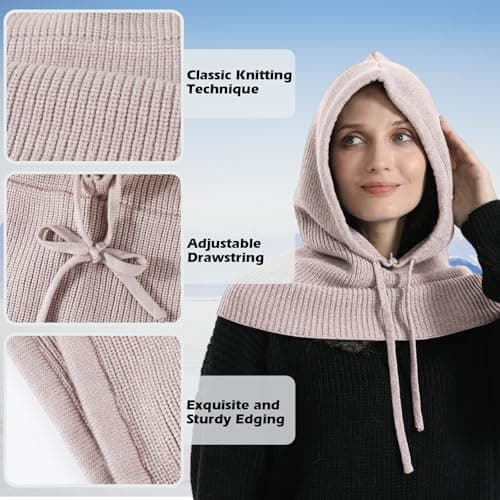 TAGVO 2 in 1 Balaclava Hat With Hooded Scarf, Windproof Slouchy Knitted Balaclava, Winter Soft Pullover Knit Beanie, One Piece Hat and Neck Warmer, Unisex Scarves & Wraps Beige — view 3