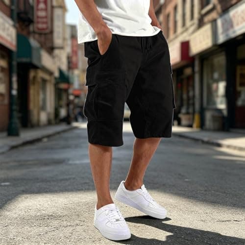 Cbebvwl Men's Cargo Shorts Drawstring Waist Multi Pockets Cotton Loose Fit Casual Work Outdoor Sports Solid Color Summer Beach Shorts with Big Side Pockets Black M — view 2