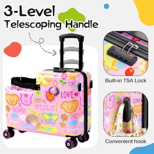 20" Ride On Luggage for Kids,Cute Pattern,Lightweight Hardshell Carry-On Luggage with Double Spinner Wheels,TSA Lock,Circular Handrail,Safety Belt,Foot Pedal,for Boys&Girls,Load Cap. 120 lbs (Pink) — view 2