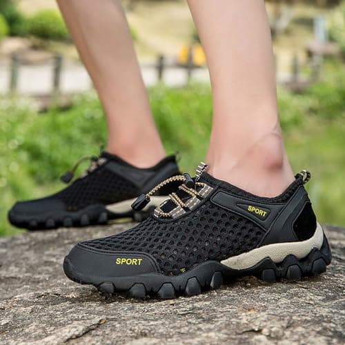 Mens Walking Shoes Summer Mesh Breathable Hiking Shoes Comfortable Walking Shoes Outdoor Travel Shoes Fashion Casual Sports Shoes Black — view 2