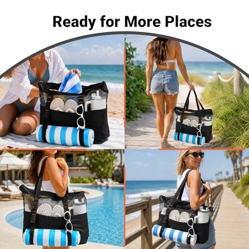kokkoya Black 40L Large Mesh Beach Bag with Zip for Family Pool & Travel — view 2