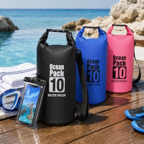 Waterproof Dry Bag 10L with Phone Pouch, Roll Top for Kayak & Beach (Pink) — view 6