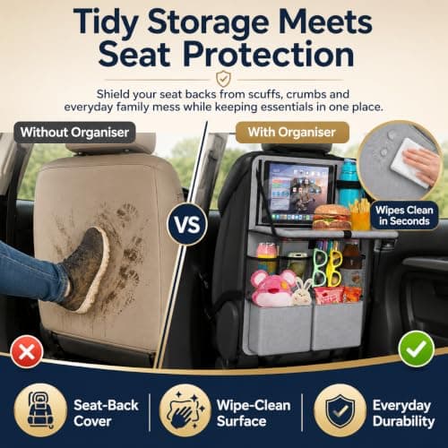 Purecas 2Pack Car Seat Organiser with Fold Down Tray&Tablet Holder (Black) — view 4