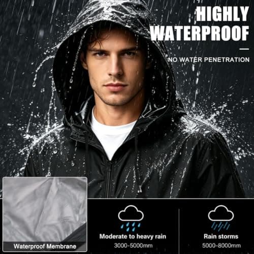 BBXWANG Mens Waterproof Jackets Lightweight Packable Rain Jacket Men Raincoat Black Men's Outdoor Waterproof Jackets with Hood for Walking Cycling Hiking Travel (UK, Alpha, XL, Regular, Regular) — view 3