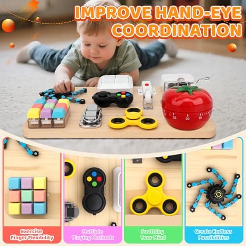 Busy Board Toy for Toddlers, Wooden 11 in 1 Montessori Educational Fidget Sensory Toys for Stress Relief, 27cm Activity Board for Kids Preschool Learning, Car Airplane Travel Birthday Desk Gift — view 4