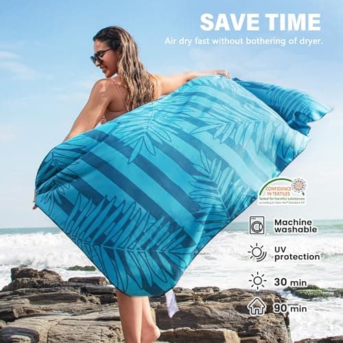 Winthome 2 Pack Beach Towel for Adults - Large Microfibre Beach Towel Quick-Dry, Sand Free, Lightweight, With Bag for Beach, Pool, Camping, Yoga & Outdoor Pink + Blue Leaf 90×180cm — view 3