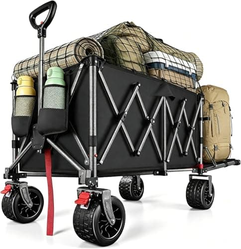 370L Festival Trolley on Wheels, Heavy Duty Folding Wagon, Portable Camping Cart Load up 550LB, Camping Trolley Foldable for Beach Outdoor Garden Shopping Fishing, Rear-Opening Design, Matte Black