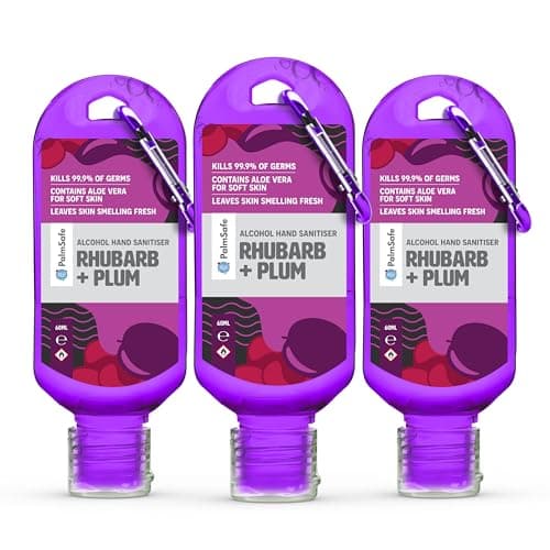 Palm Safe Rhubarb and Plum 3 Pack 60ml Anti Bacterial Premium Hand Sanitiser Travel Size Refillable Clip Bottle Quick Drying Non Sticky Extra Moisturising Kills 99.9% of Viruses and Bacteria