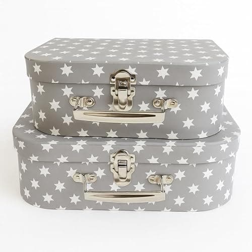 Hoolaroo Gift Box Suitcases with Metal Handles, Grey with White Stars Pattern, Set of 2, Small 20cm x 15cm x 8.5cm, Large 25cm x 18cm x 9cm — view 6