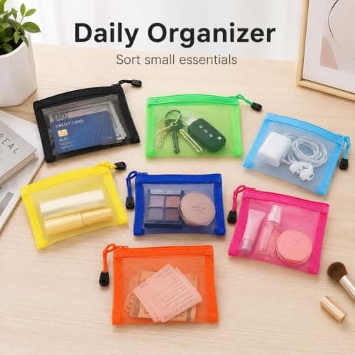 HOQBFSN 7 Pack Colorful Mesh Zipper Pouches, Small Transparent Makeup Coin Bags, Lightweight Travel Toiletry Accessory Storage Pouch — view 4
