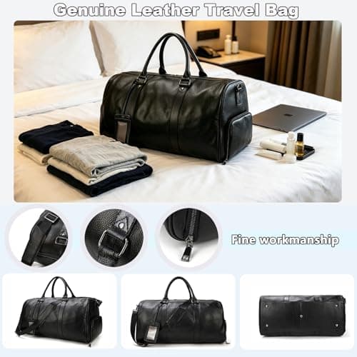 Yevabo Genuine Leather Travel Bag Large Capacity Weekender Bag for Men Women, Airplane Carry-On Luggage with Multi Compartments for Travel Gym, Black — view 3