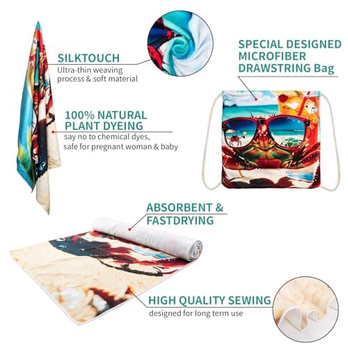 Poeruse Microfibre Beach Towel, 140 x 70 cm Large Microfibre Beach Towels for Adults, 2 in 1 Beach Towel Drawstring Bag Fast Dry Sand Free, for Beach, Pool, Camping, Yoga & Outdoor (B) — view 2