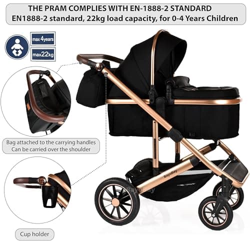 Baby 3 in 1 Travel System Pram with Car Seat Stroller 3 in 1 Buggy Pushchair Child Lightweight Folding Stroller Pram for Newborns Toddlers from Birth (Black Gold Frame) — view 5