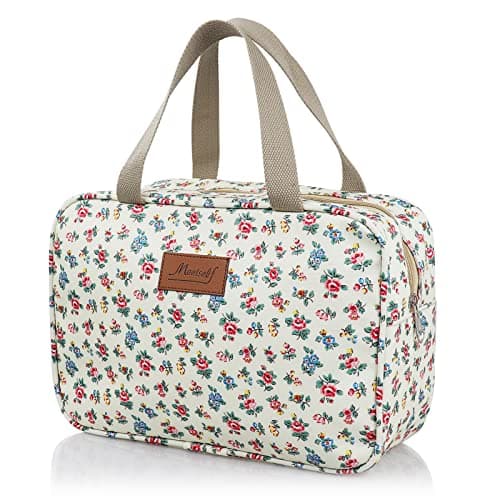 Toiletry Bag, Large Travel Hanging Make up Wash Bags, Portable Waterproof Cosmetic Bag, Light Blue White Bear Toiletry Kit, Bathroom Storage Case for Women Girls Ladies (White Floral)