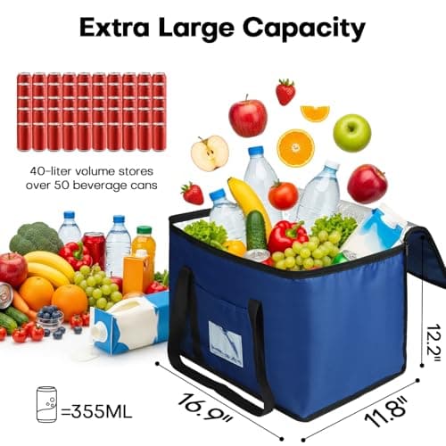 Cool Bag Heavy Duty Grocery Shopping Bag 40L Large Insulated Cooler Foldable Reusable Cooling Bags with Smooth Zippers for Picnic, Food Delivery, Camping, BBQ, Shopping, Fishing, Family Auto Travel — view 2