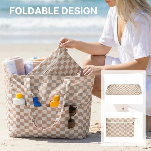 G4Free Large Beach Bag for Women, Waterproof Sandproof Foldable Beach Tote Bags with Zip, Pool Travel Swim Grocery Tote Bags, Brown Plaid — view 5