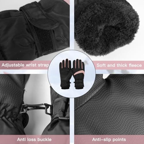 Andiker Women Waterproof Ski Gloves, Winter Touchscreen Thermal Gloves with Fleece, Windproof Snowboard Glove for Skiing Running and Cycling (Black-pink) — view 3