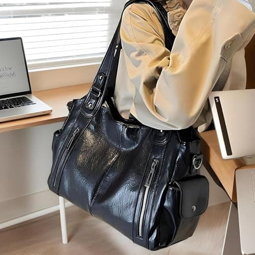 Vintage Large Shoulder Bag, Soft Casual Tote for Women, Spacious Work & College Bag, PU Leather Laptop Tote, Comfortable Daily Handbag (Burgundy) — view 2
