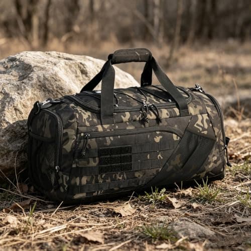 3-in-1 Travel Duffel Bag Backpack for Men Women 45L Tactical Gym Duffle & Sports Holdall Bag with Shoe Compartment & Wet Pocket Carry on Weekend Overnight Bags for Traveling Hiking, Camo — view 3