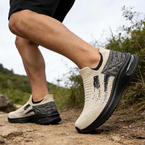 SURFING TREE Mens Walking Trainers Non-Slip Casual Comfortable Work Athletic Cuhioning Trainers Ultra Lightweight Tennis Running Shoes Beige Size 10 — view 2