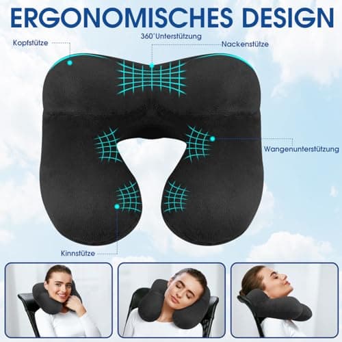 Travel Pillow, Neck Pillow Inflatable for Aeroplane with Ear Plugs, Soft Velvet, Ergonomic Neck Pillow, Travel Pillow, Inflatable for Office, Plane, Car, Travel, Camping, Sleeping Rest Pillow (Black) — view 5